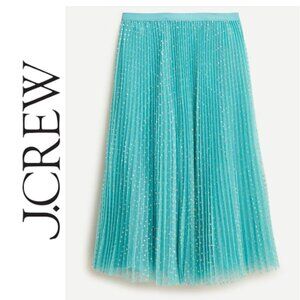 J.Crew Pleated Tulle A-line Midi Skirt, Mermaid Aqua Blue Metallic Gold Dot- 12